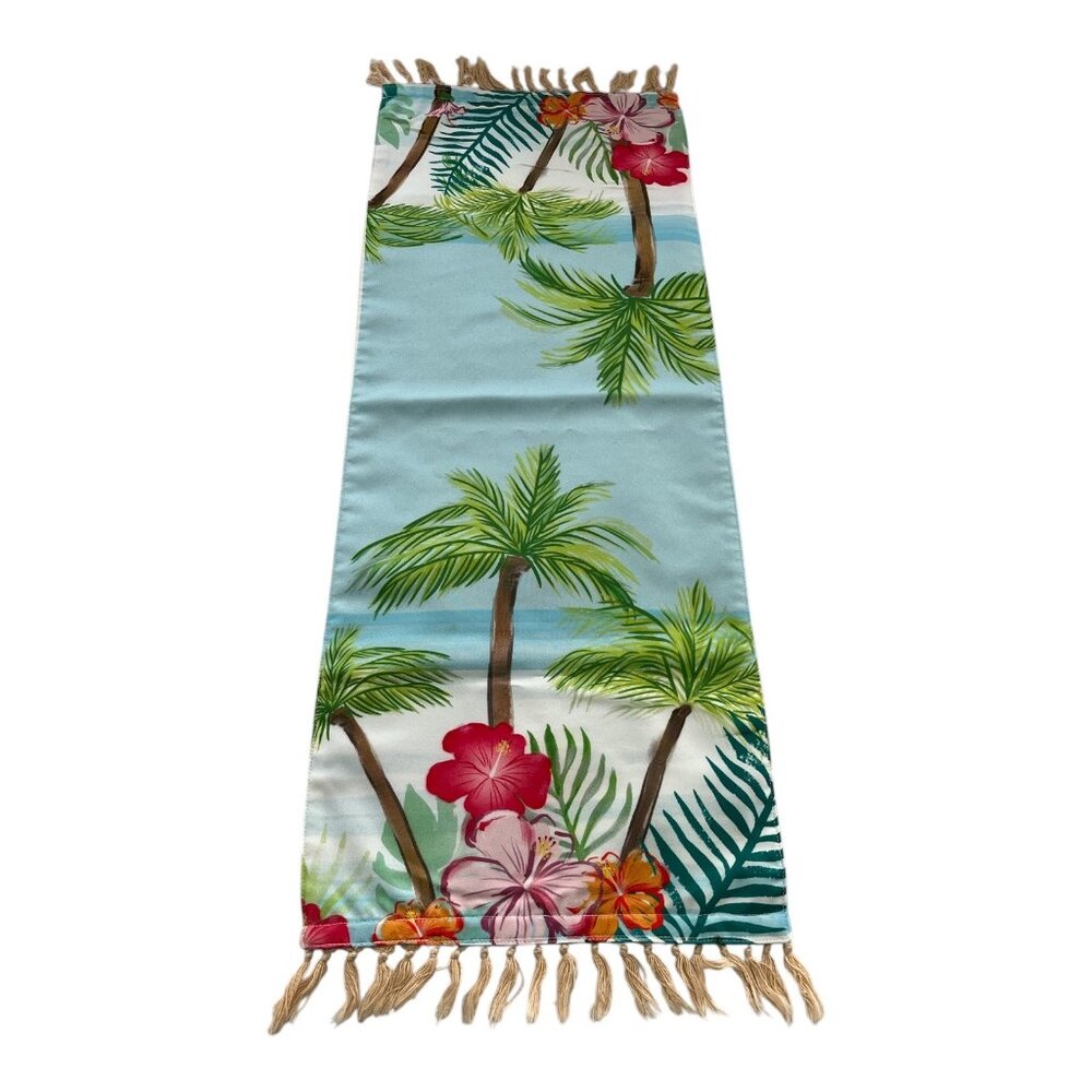 Tropical Palm Tree Table Runner – 36x13 – Blue Hibiscus Beach Scene with Fringe